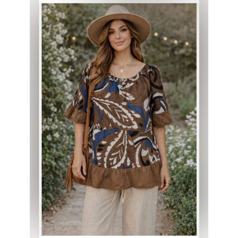 Terzo Millennio Italian Linen Boho Top Ruffles Detail